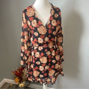 Bohemian Amichi Black Orange Coral Floral Print Faux Wrap Dress V-Neck Tie Waist